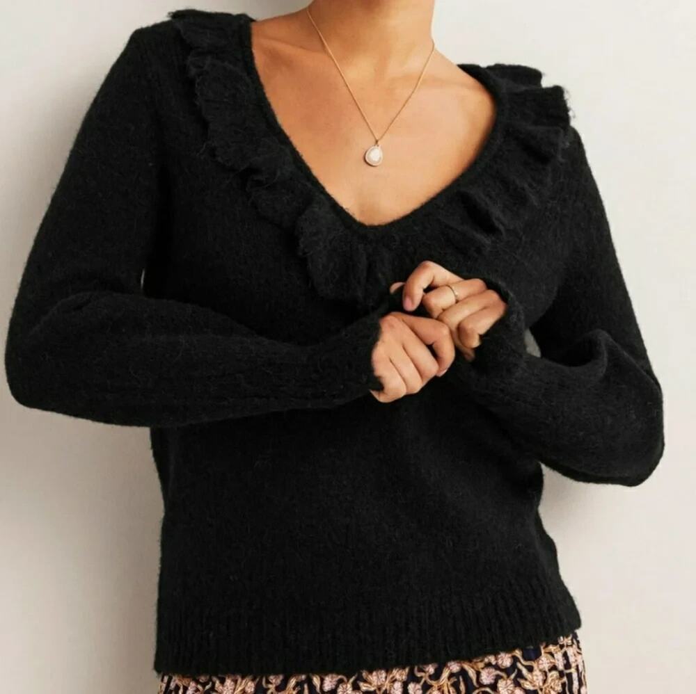 Boden Fluffy Frill V-Neck Sweater Womens Size Large Black Wool Alpaca Blend NWT